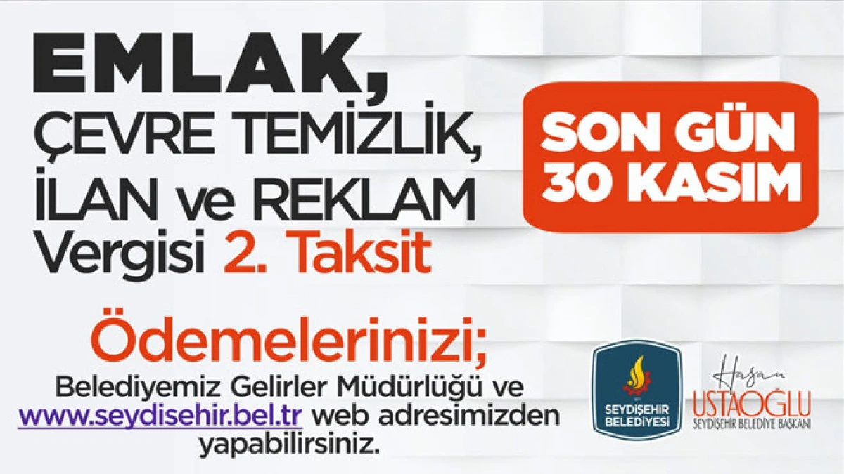 Belediyeden vergi ödeme uyarısı, son gün 30 Kasım